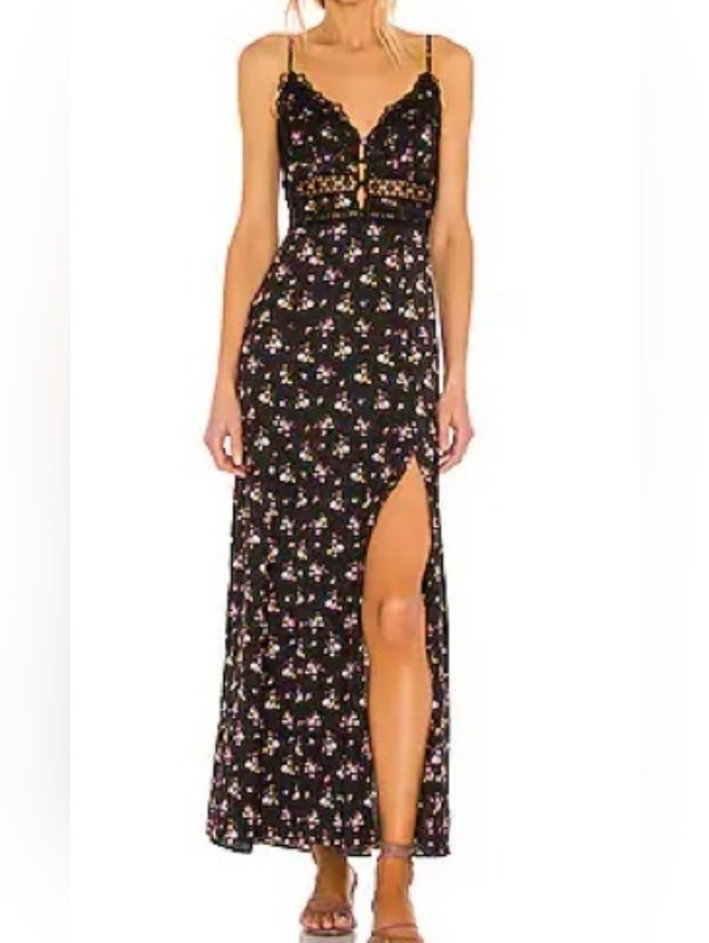 Intimately Free People Out & About Satin Maxi Slip Dress Black Floral Lace XS